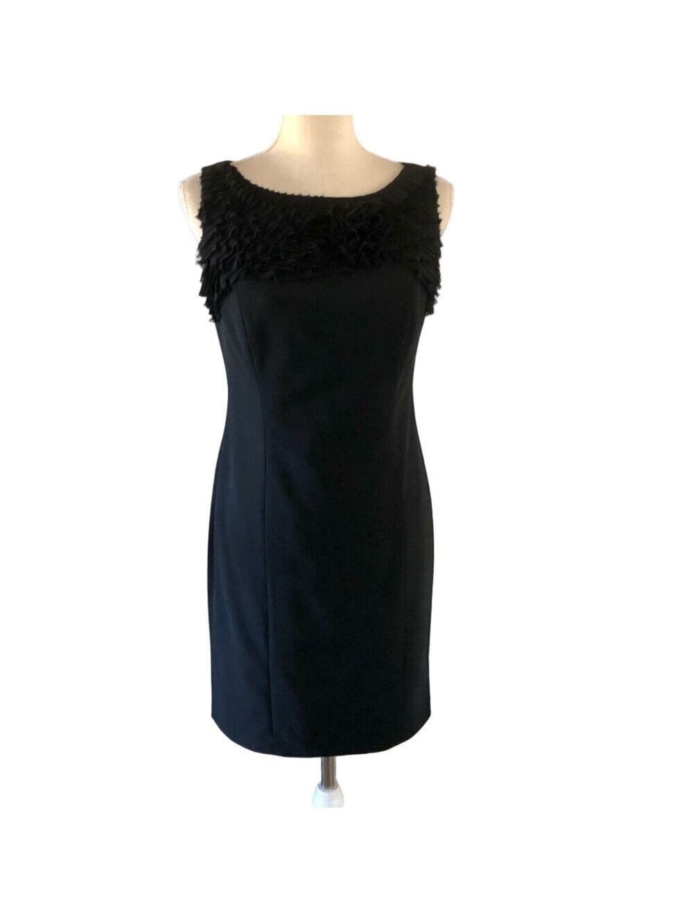 Ann Taylor Little Black Dress Sleeveless Wool Sheath Ribbon detail size 4Petite